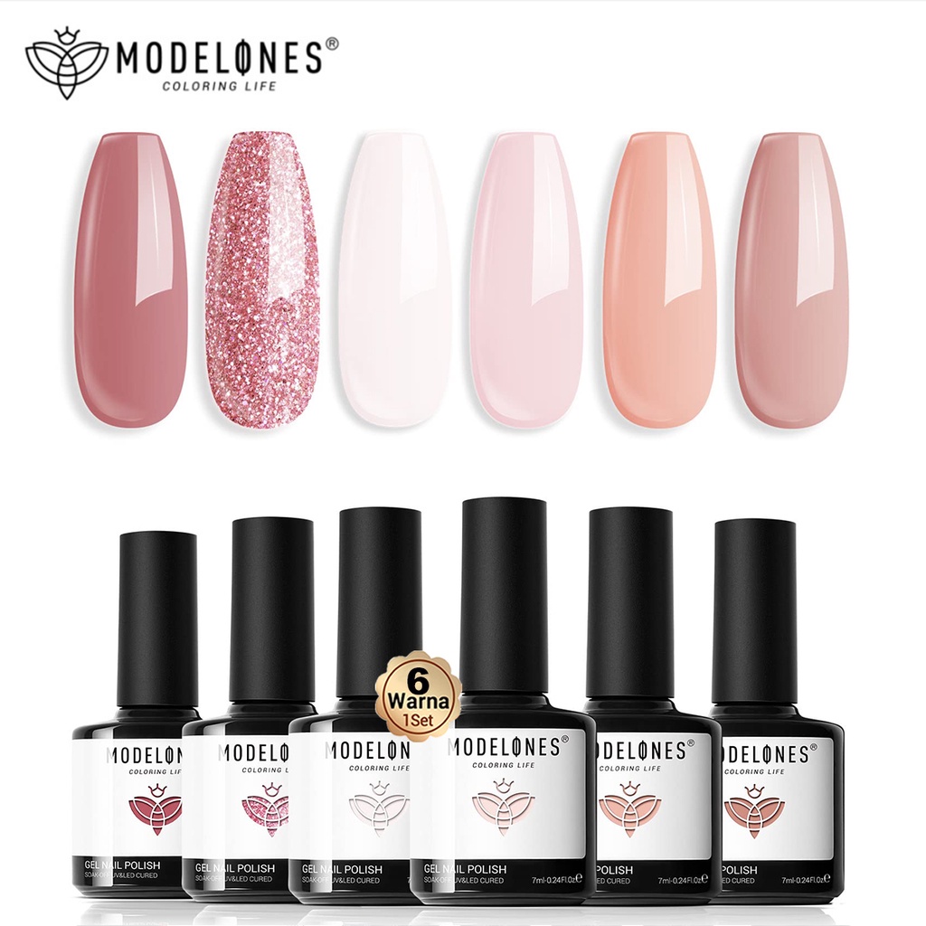 Jual Modelones Gel Nail Polish Set 6 Warna Nude Pink Glitter Kulit