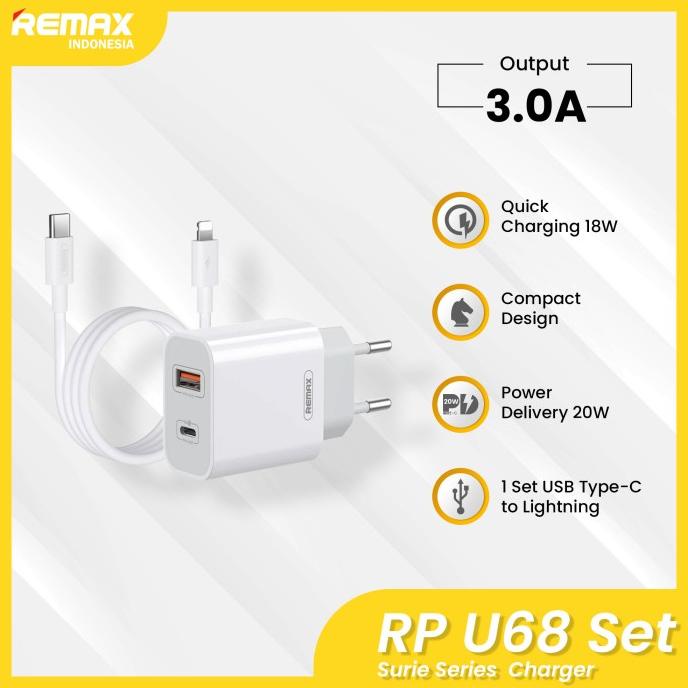Jual REMAX Surie 20W PD+QC Fast Charger Set RP-U68 (1C 1A Charger+Cable ...