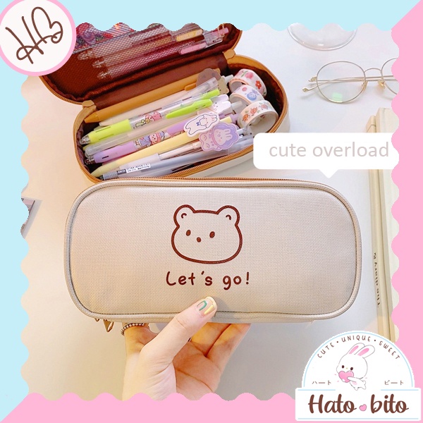 Jual Kotak pensil beige jumbo tempat pensil kanvas beruang lucu cute