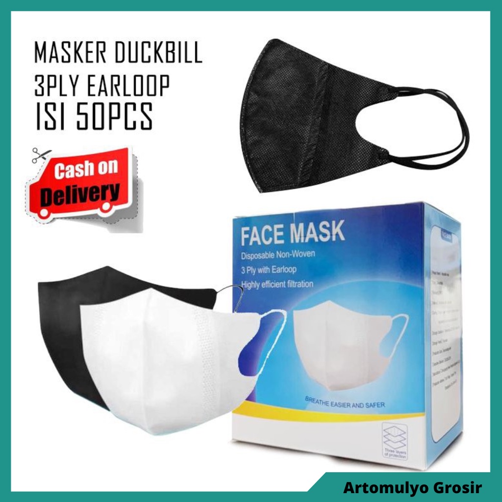 Jual MASKER DUCKBILL FACE MASK 50 PCS NO BOX 1PACK 50 3PLY HITAM PUTIH ...