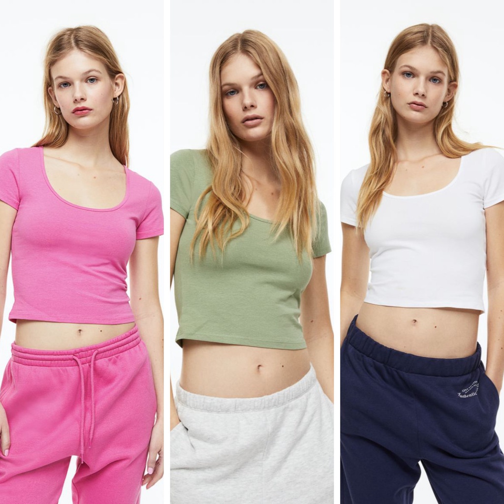 Jual H&M Crop Top Ribbed Cotton Jersey Croptop Wanita | Shopee Indonesia