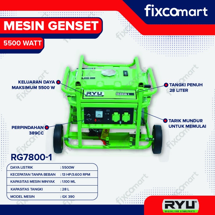 Jual Ryu Gasoline Generator Set / Genset 5500 Watt Rg 7800-1 | Shopee ...