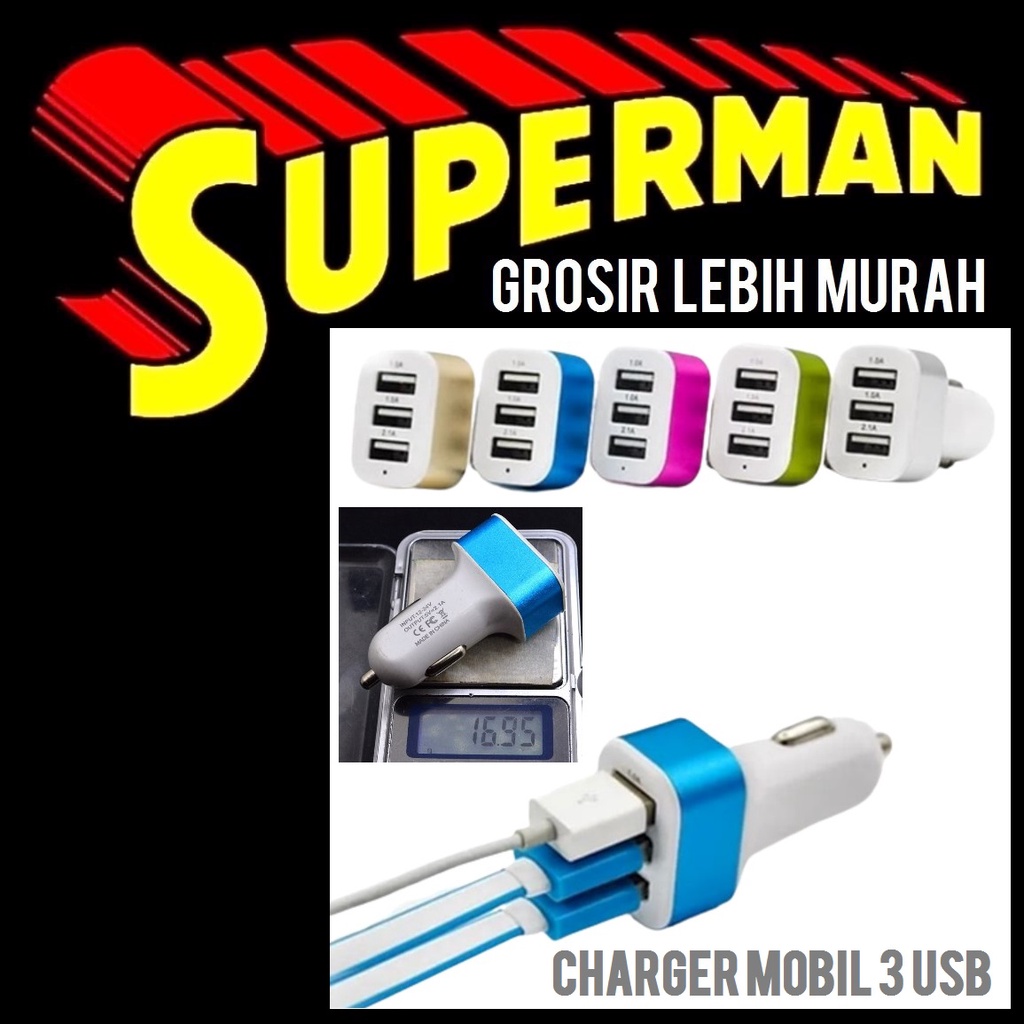 Jual (H12) CHARGER MOBIL 3 USB ASLI GRADE A 12v 24v mobil motor scoopy