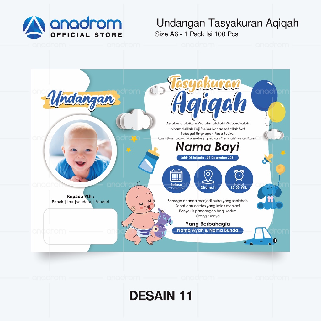Jual Undangan Aqiqah Untuk anak Laki - Laki | 1 Paket Isi 100 PCS