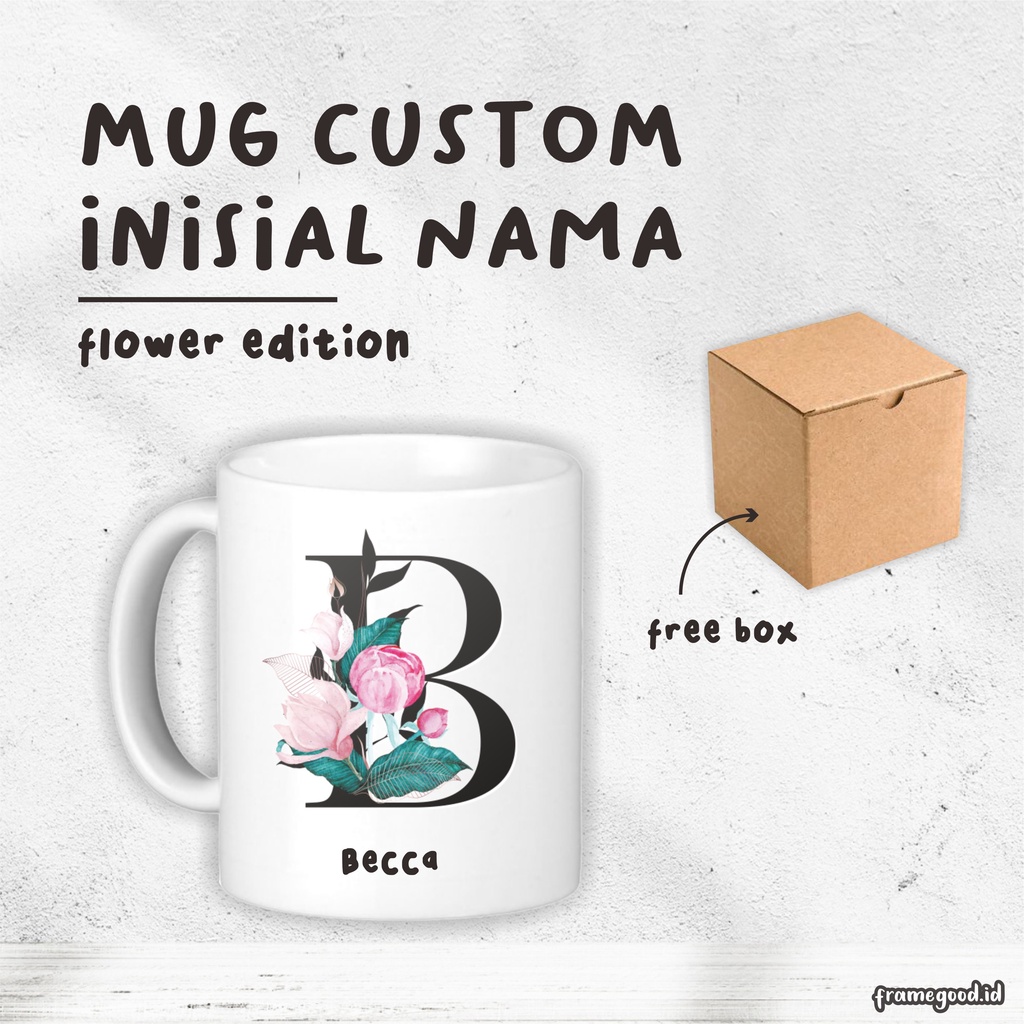 Jual Mug Custom Inisial Flower Free Box Gelas Kustom Tulisan Kado Hampers Kenangan Wisuda 8888