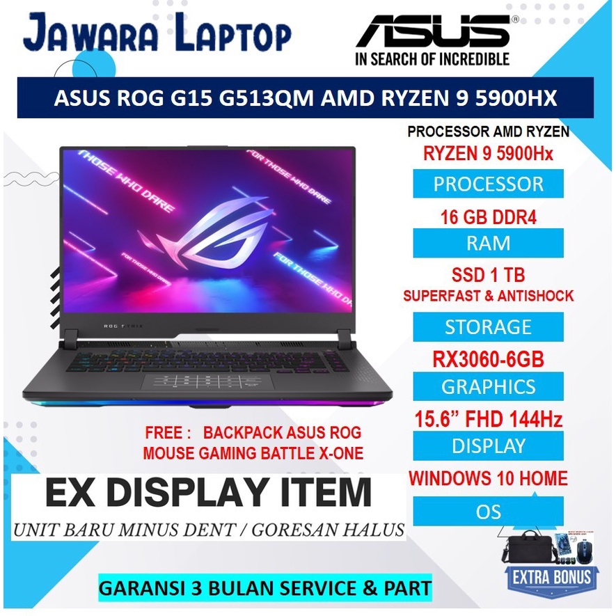 Jual LAPTOP GAMING MURAH ASUS ROG G15 G513QM RYZEN 9 5900HX SSD RX3060 ...