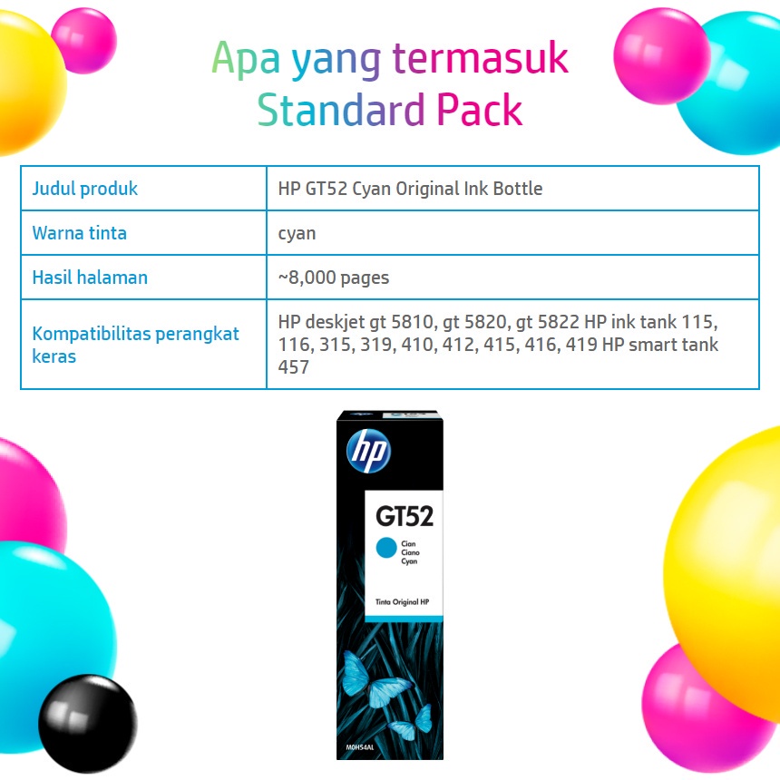 Jual Tinta Printer HP Original GT52 Color Warna Cyan HP Ink Tank 100 ...
