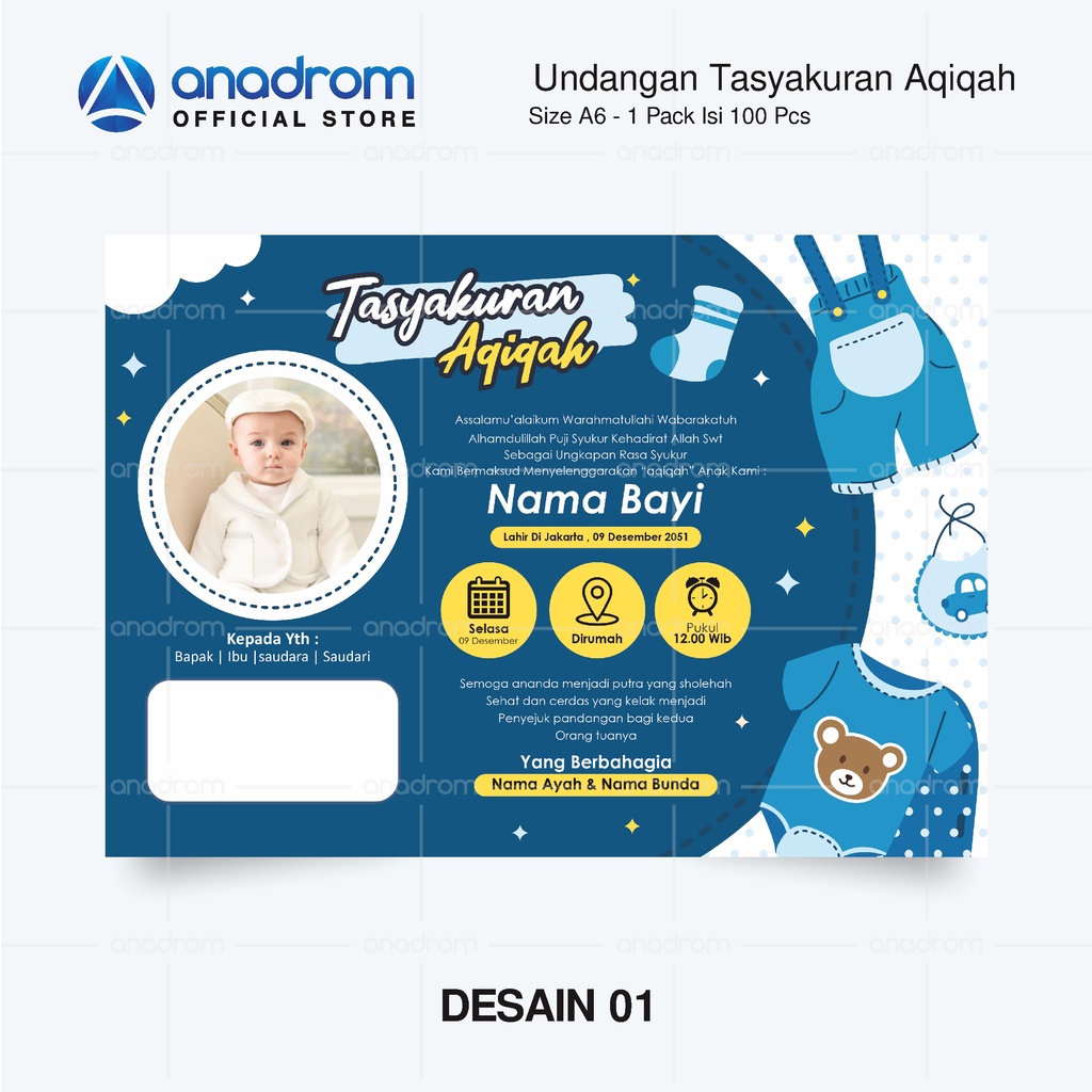Jual Undangan Aqiqah Untuk anak Laki - Laki | 1 Paket Isi 100 PCS