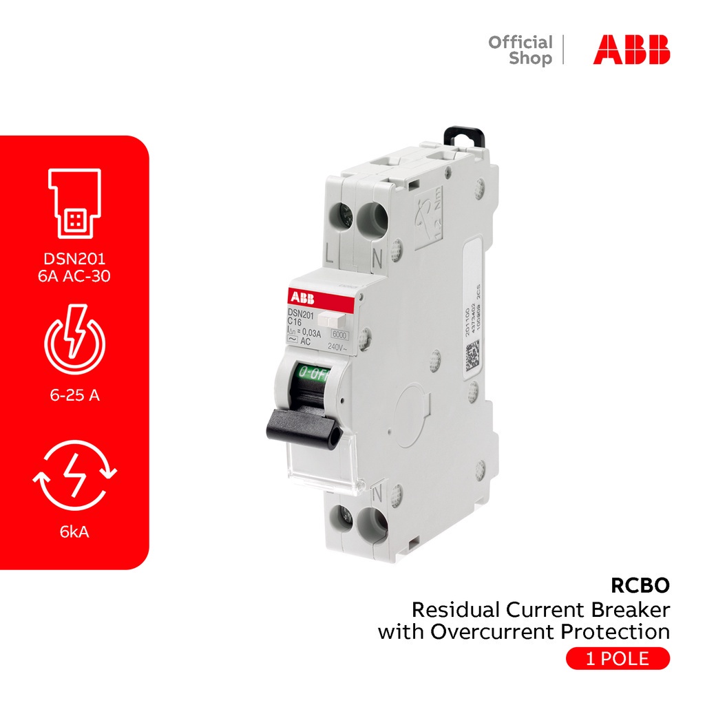 Jual ABB RCBO SLIM 2POLE 6A 30mA DSN201 AC-C6 /0.03 2CSR255050R1064 ...