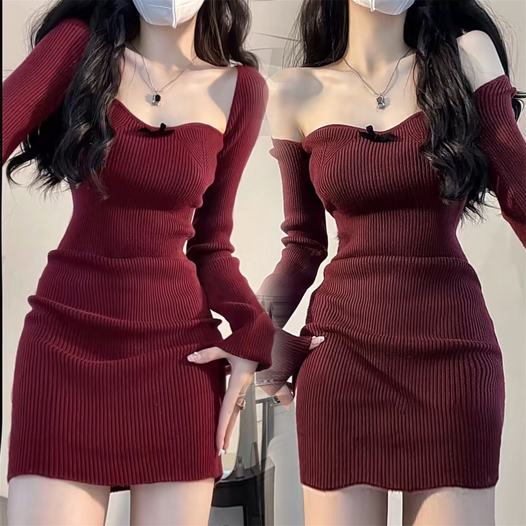 Jual Cohan DR818 BAJU WANITA KOREAN SEXY WRAP RED SEXY SLIM BODY SHAPE  KNITING DRESS ELEGANT KOREAN DRESS | Shopee Indonesia