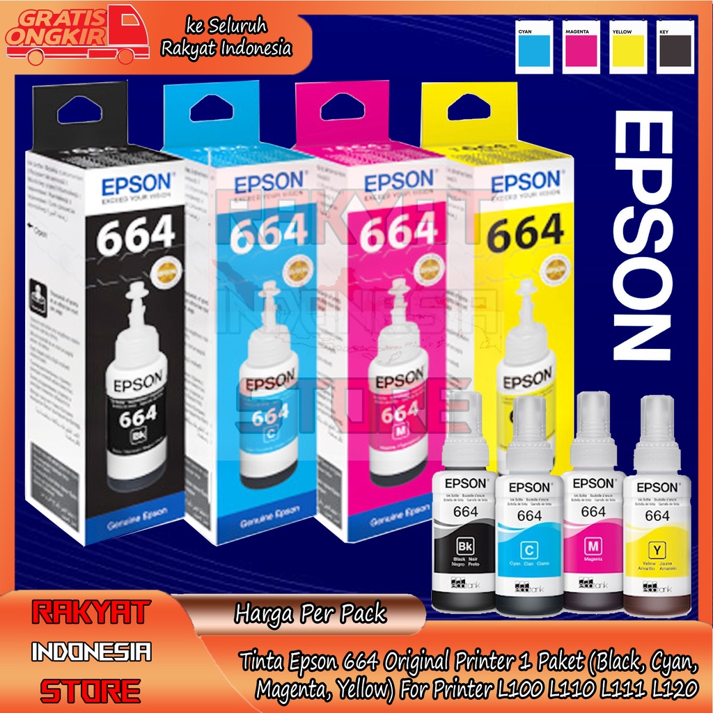 Jual Tinta Epson 664 Original Printer 1 Paket 1 Set Ada 4 Warna Black Cyan Magenta Yellow Hitam 8113