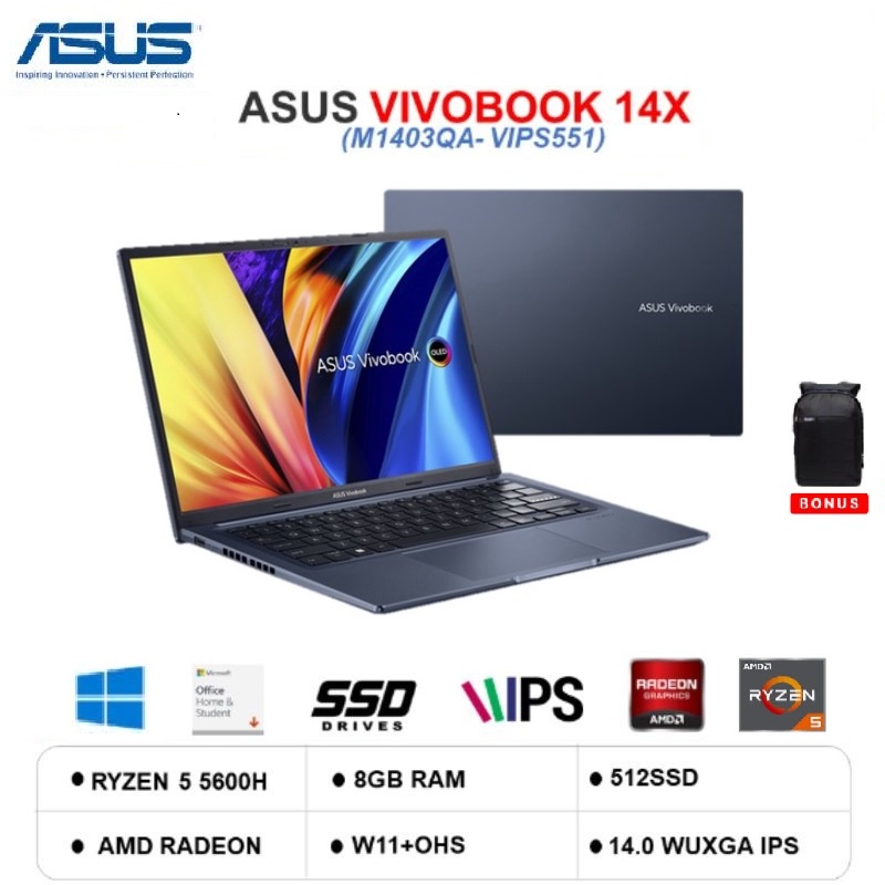 Jual Asus Vivobook 14x M1403qa Vips551 Amd Ryzen 5 5600h 8gb 512ssd W11ohs 140 Wuxga Ips 1165