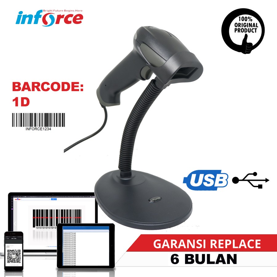 Jual INFORCE BARCODE SCANNER F20 + STAND 1D USB WIRED KABEL CABLE ...
