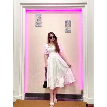 RD FASHION SMOCKED DRESS Gaun Musim Panas Kasual Baru Lengan Pendek Smocked Dress Lipit Bunga