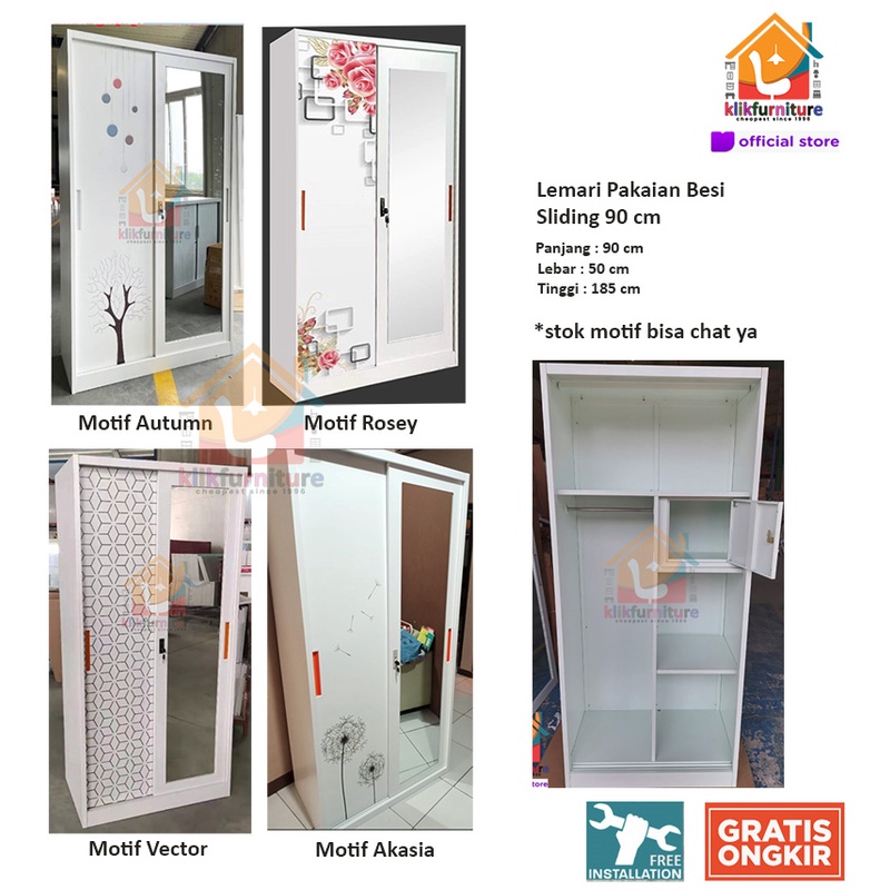 Jual Lemari Pakaian Besi 2 Pintu Sliding Putih Minimalis Kaca London