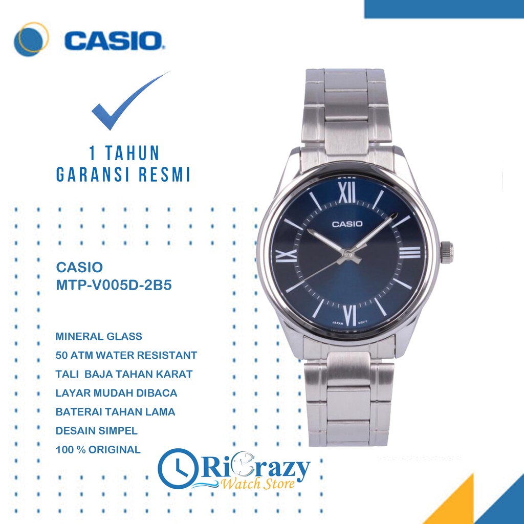 Casio MTP-V005D-2B5 – Orologio Uomo Analogico Al Quarzo – Cassa Acciaio 40 Mm – Quadrante Blu Romano – Resistente 3 Atm