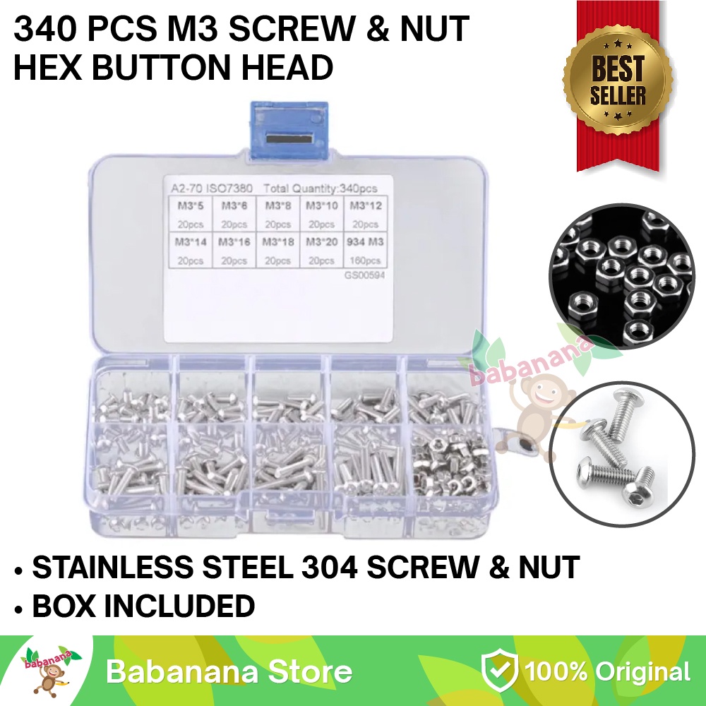 Jual 340pcs M3 HEX Screw Button Head Baut Sekrup Stainless Besi Mur Nut ...