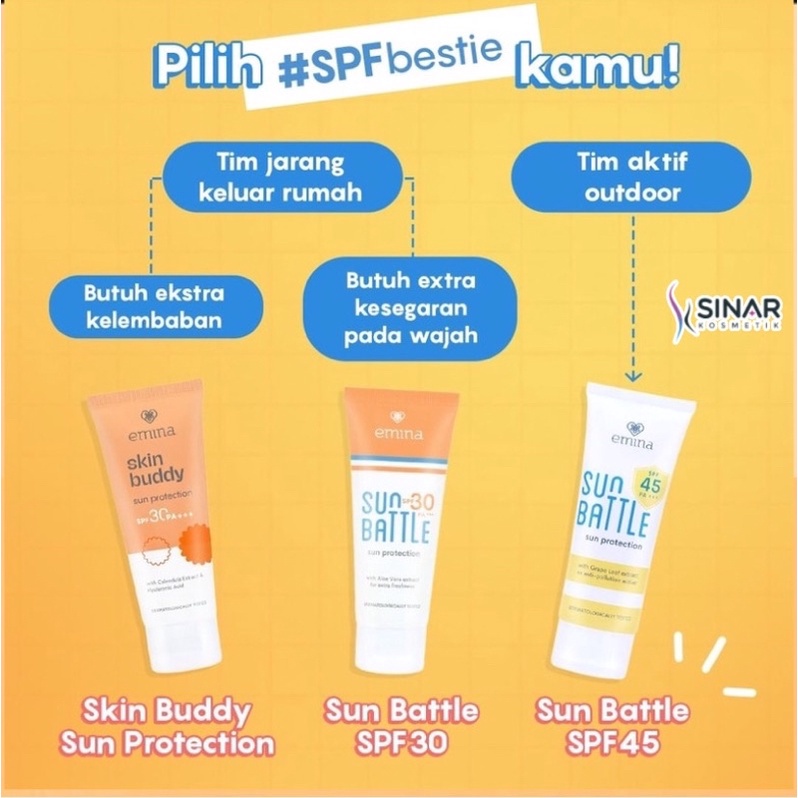 Jual Emina Sunscreen Sun Battle SPF 45 Sun Protection SPF 30 PA+++ Skin