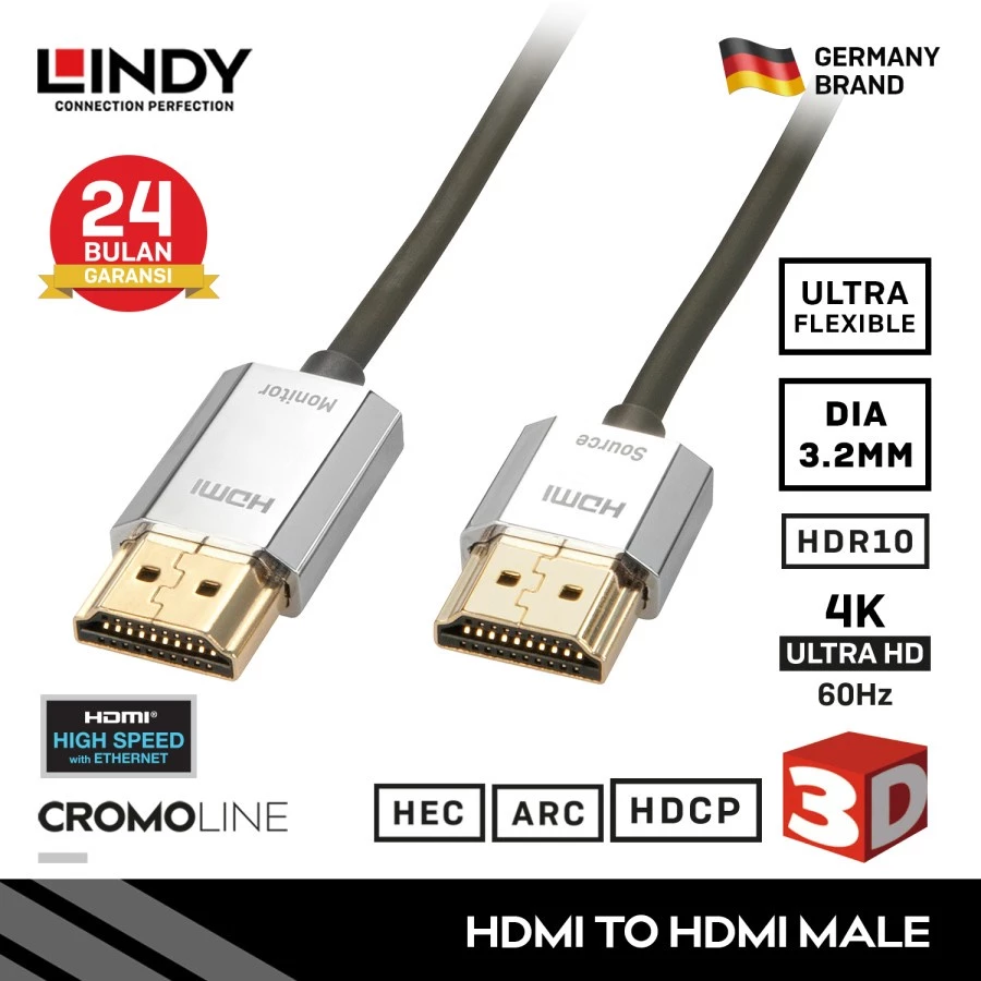 Kabel HDMI LINDY 3m 4.5m Cromo Ultra Slim HDMI 2.0 Cable Ethernet Flexible Lentur 4K HDR 18Gbps ARC 41675 41676