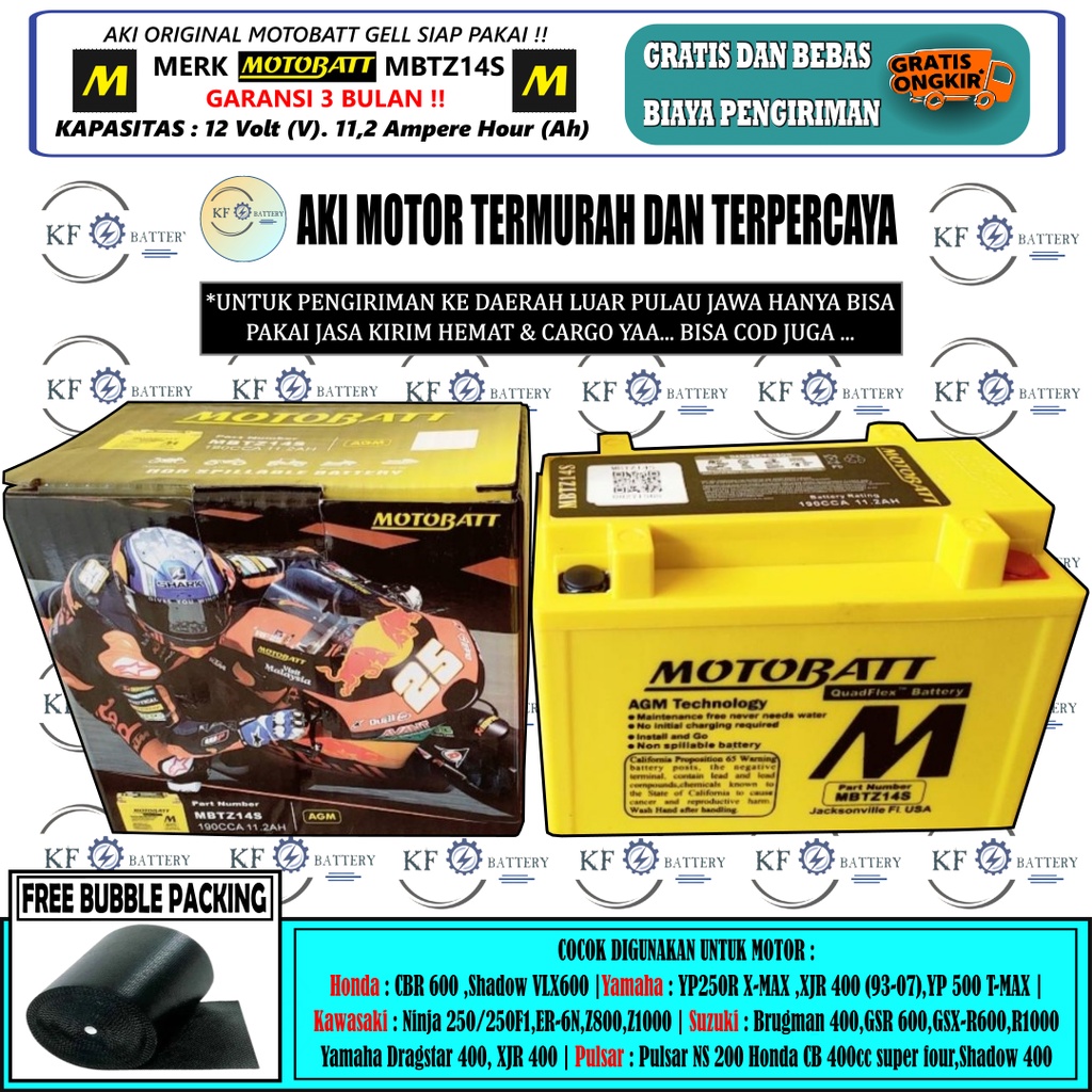 Jual AKI MOTOR KAWASAKI ER6, Z250 SL, Z800 MBTZ14S MOTOBATT 11.2AH