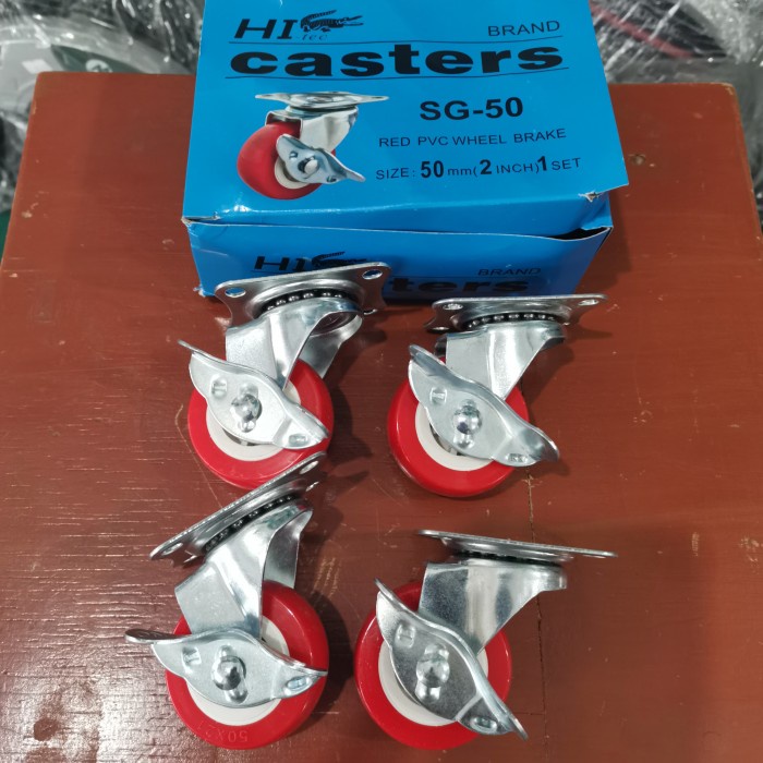 Jual roda troli 2 inch hidup dengan rem pvc merah 4 pcs roda etalase ...