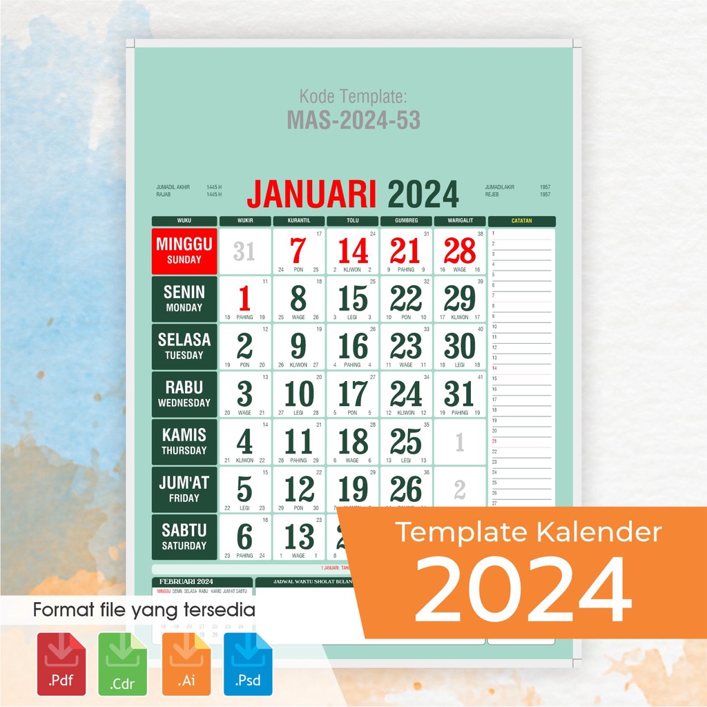 Jual Desain Kalender 2024 Lengkap Dengan Kalender Jawa Hijriyah 1445 China Mas 2024 53 2353