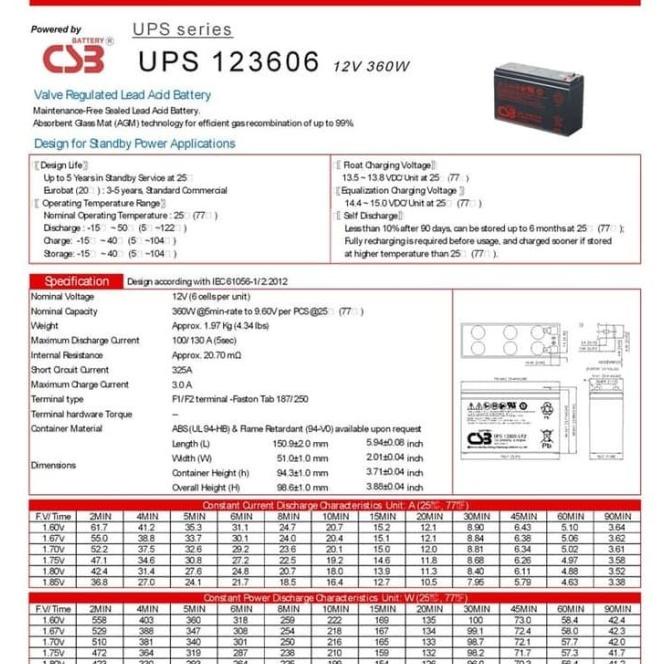 Jual Battery Ups Or Aki Kering Ups Csb 12360-6 12360 123606 F2 12V 7Ah ...