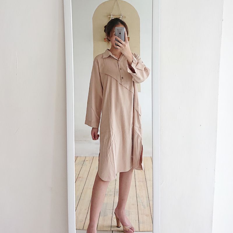 Jual Alya dress/ midi shirt dress wanita slit warna beige cream polos ...