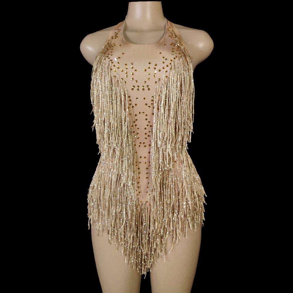 Jual Sparkly Rhinestones Fringes Bodysuit Women Nightclub Outfit Glisten Dance Costume One Piece