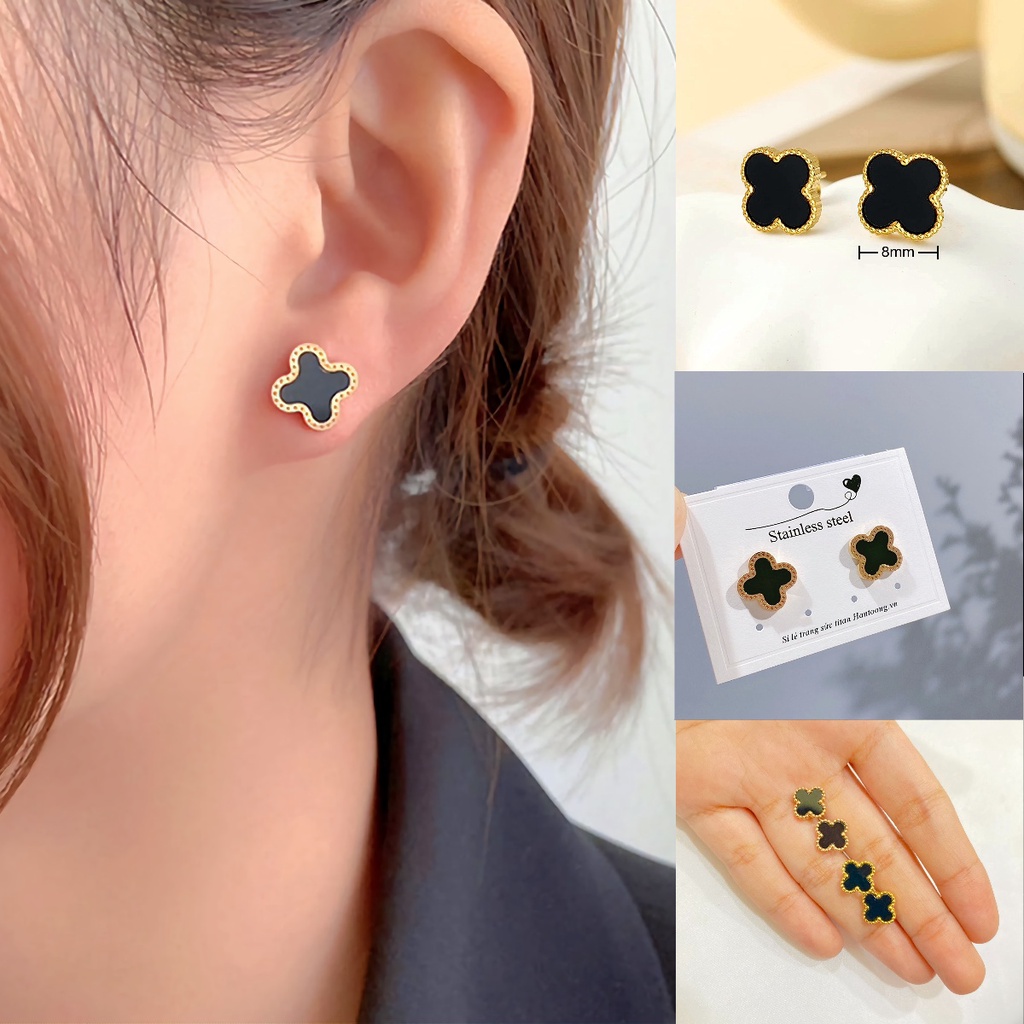 Jual Anting Clover Kecil Titanium Anti Karat Black Dot Korean Earning ...