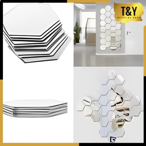 T&Y Stiker Cermin Dinding Anti Pecah Segi Enam Tempel Sticker Kaca Hexagonal Mirror Wall Decoration Sticker Acrylic Cermin Kaca Tempel Dekorasi Toilet Kamar Mandi