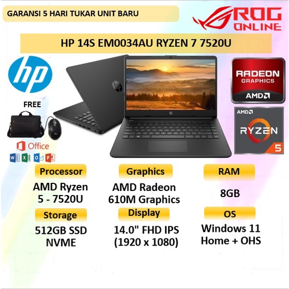 Jual Laptop Hp 14s Em0034 Ryzen 5 7520u 8gb 512gb Ssd Amd Radeon 610m Windows 11 Home Ohs 3163