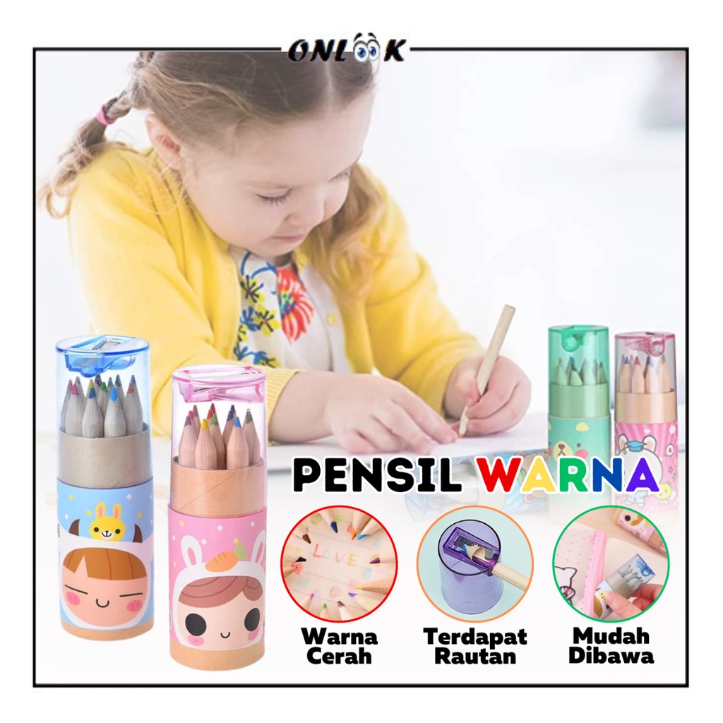 Jual Pensil Warna 12 In 1 Serutan Kemasan Tabung Wooden Colour Pencil