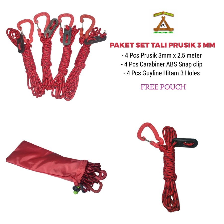 PAKET TALI PRUSIK FOR TENDA DAN FLYSHEET 3MM ISI 4PCS WITH CARABINER STOPPER DAN SARUNG