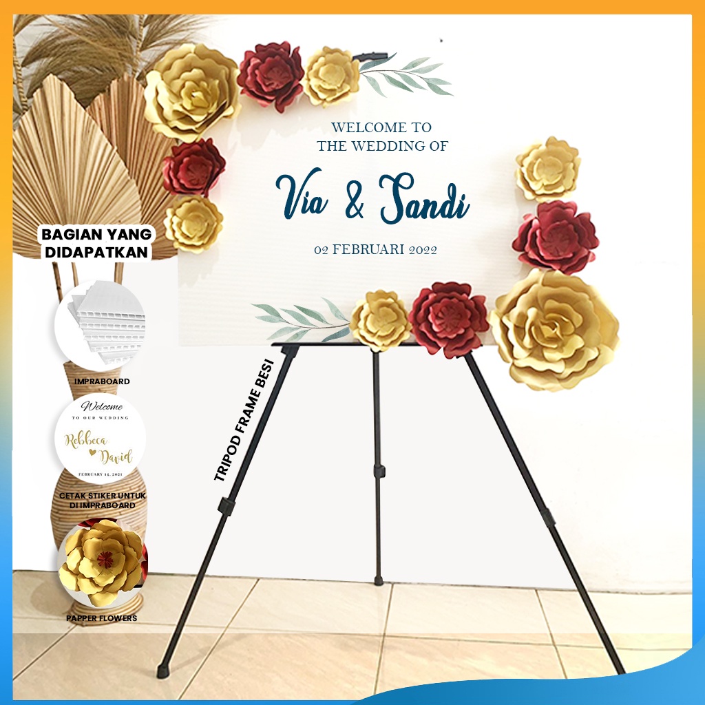 Jual Standing Tripod Besi Kayu Plus Papan Bunga Kertas 60x80 cm Tema 2