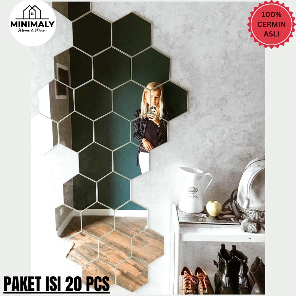 MINIMALY13 Kaca Cermin Hexagonal (PAKET HEMAT ISI 20 PCS) Ukuran 13x11 (CERMIN ASLI) Cermin Tempel Kaca Hexagonal Hexagonal Miror Hiasan Dinding