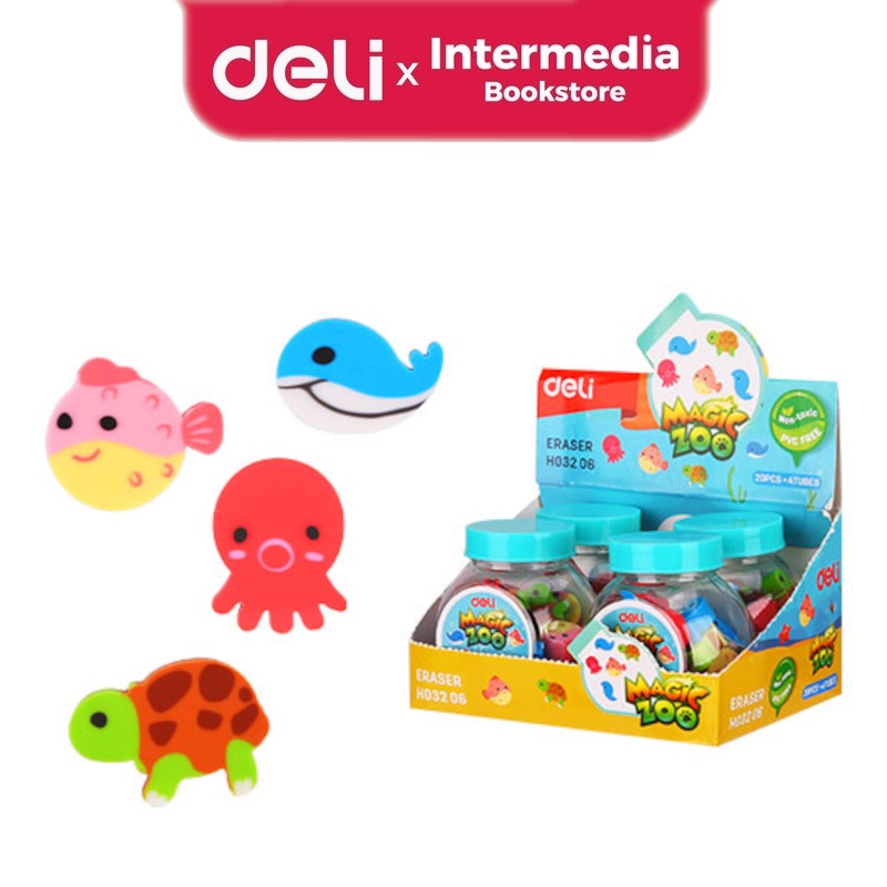 Jual Deli EH03206 Bucket 4 animal design Eraser PET tube 50*50*54mm ...
