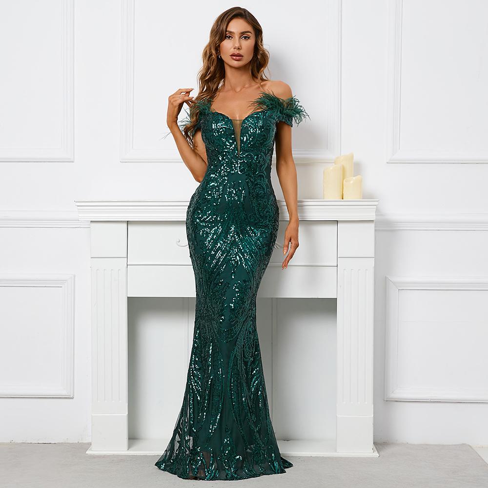 Jual YIDINGZS Women Feather Long Dress Off Shoulder Green Sequin