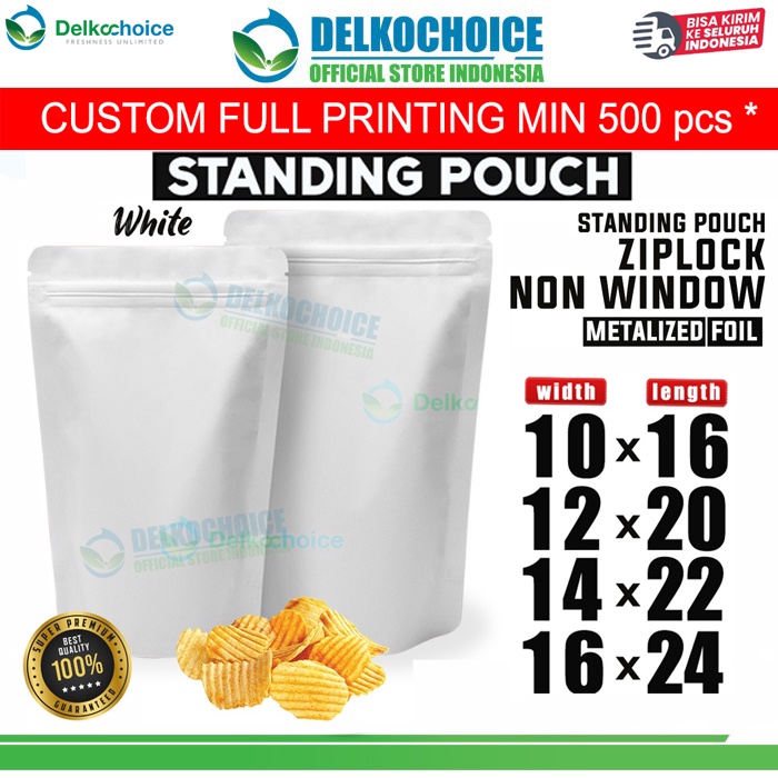 Standing Pouch White Full Metalize Foil Ziplock Plastik Klip Kemasan  Makanan TERMURAH