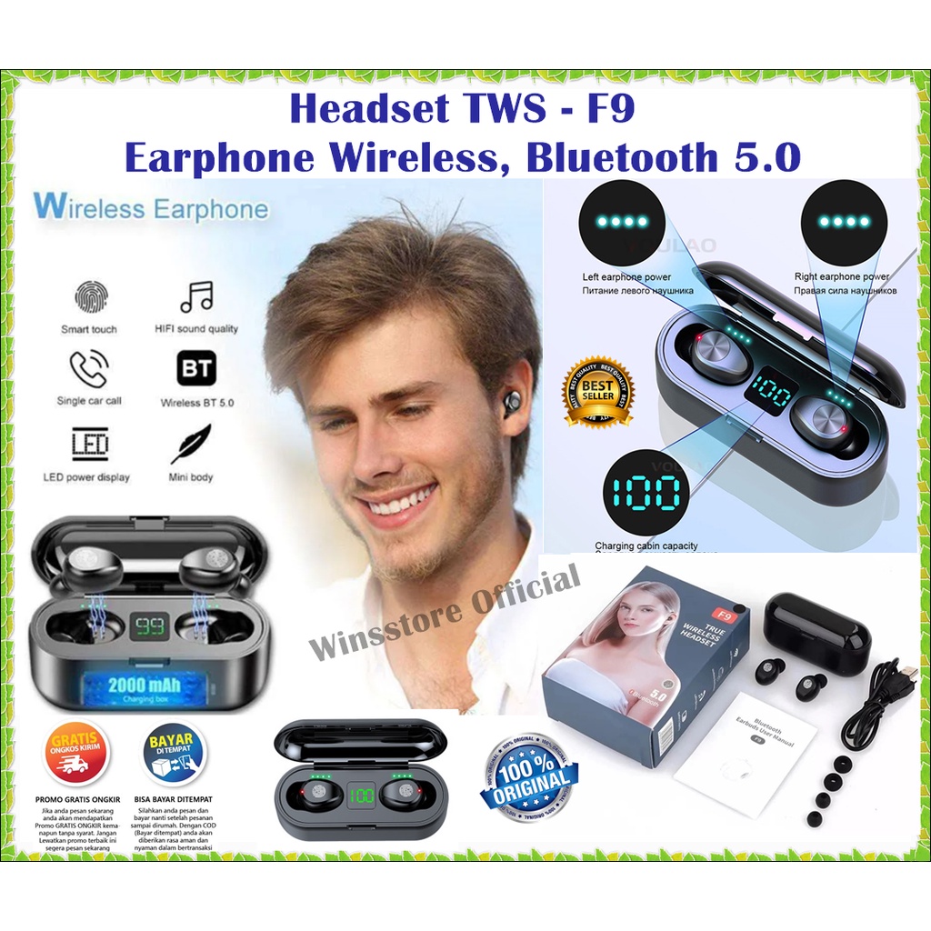 [COD] Earphone TWS F9 Original Wireless Bluetooth 2in1 Headset Powerbank  for Iphone Android Smartphone