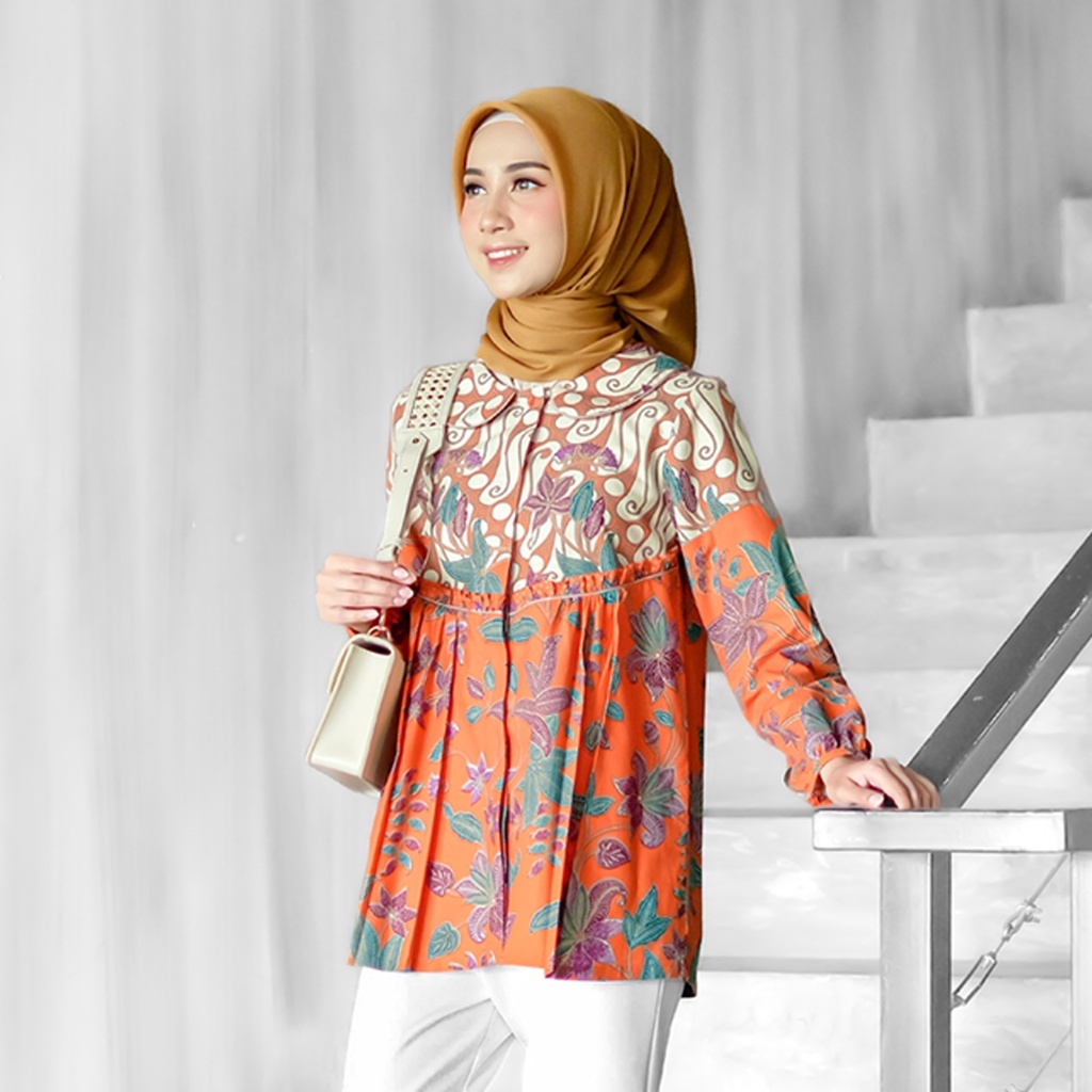 Jual Jiwani Batikula Blouse Batik Kerja Wanita Modern warna orange ...