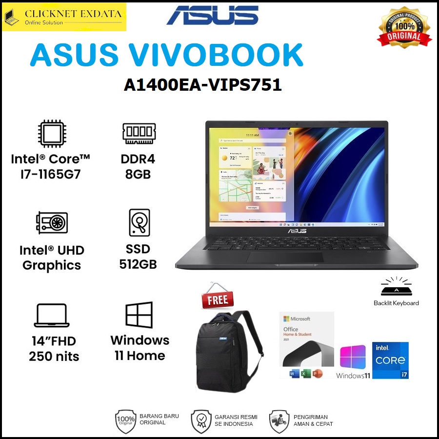 Jual ASUS VivoBook A1400EA VIPS751 INTEL I7-1165G7 8GB 512GB SSD 14 ...