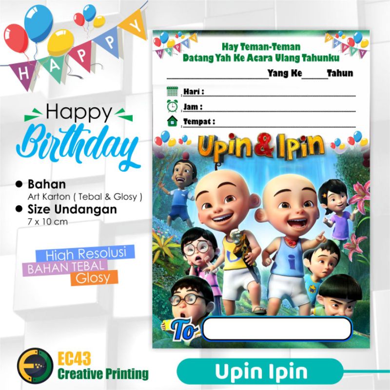 Jual Undangan Ulang Tahun Anak Tema Upin Ipin FREE Plastik Opp Seal