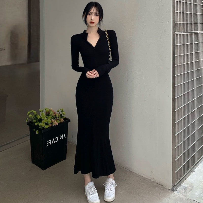 Jual dress floral korea Dress Hitam Tampan Prancis, Rok Ketat Pinggang