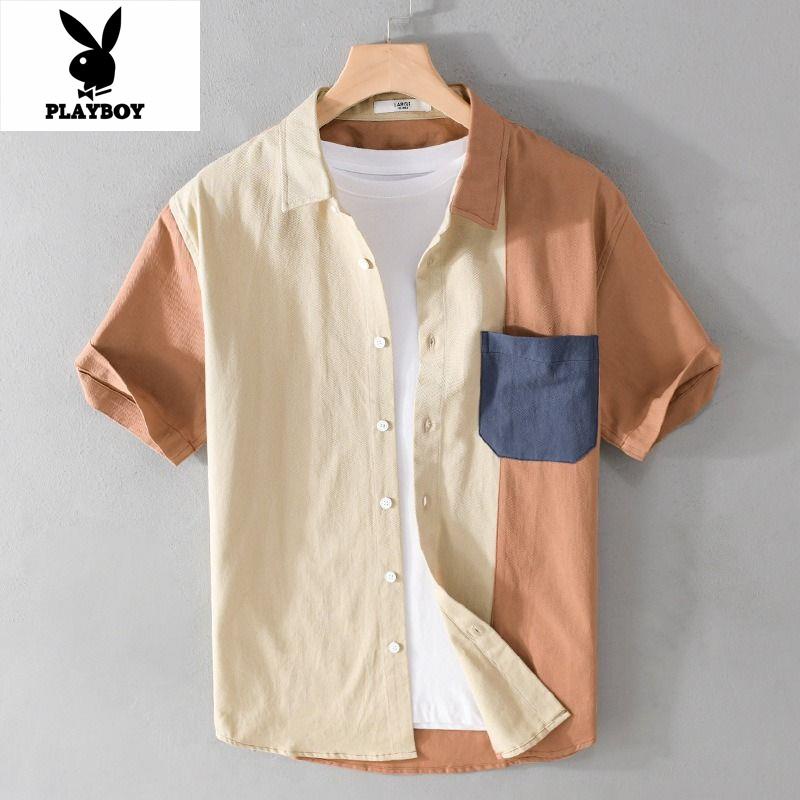 Jual Playboy KemejaKontras Warna Splicing Kemeja Pria Lengan Pendek