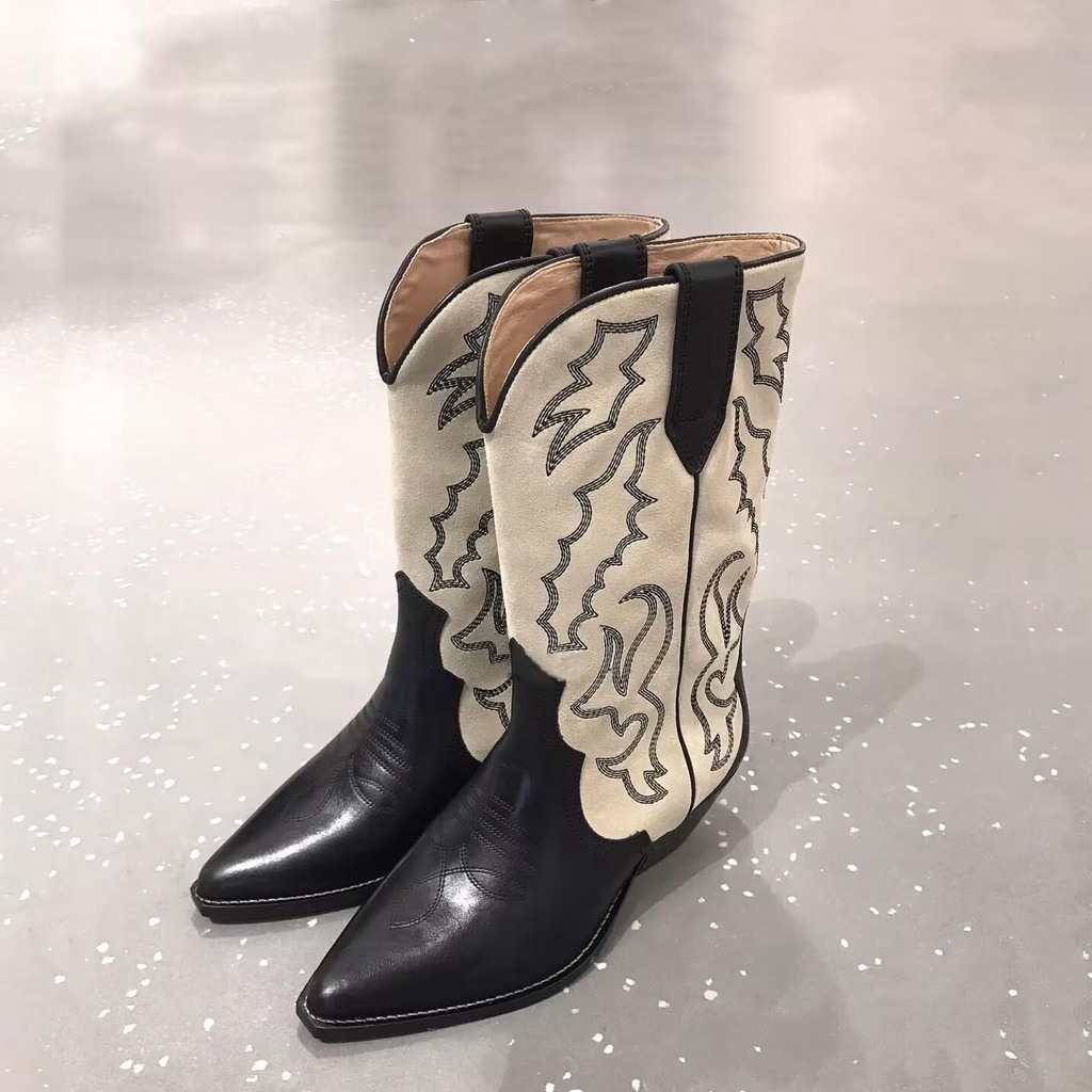 Jual Autumn New Retro Western Cowboy Boot Pointed Chunky Heel Color ...