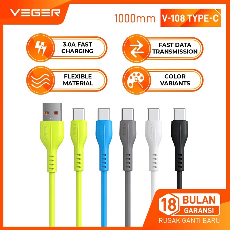 Jual Kabel Data Veger V Type C Qc Fast Quick Charging Meter Kabel Cas Model C Tipe C