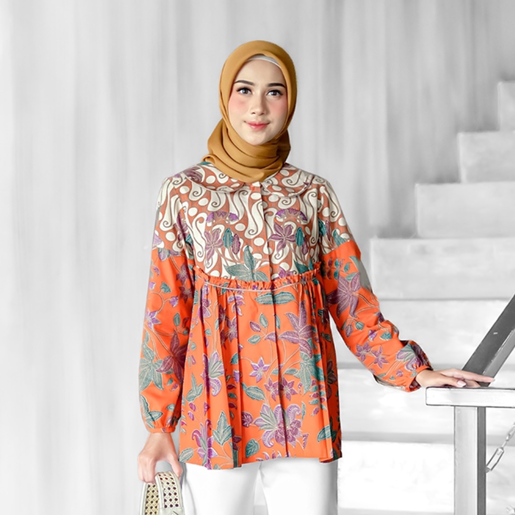 Jual Jiwani Batikula Blouse Batik Kerja Wanita Modern warna orange ...