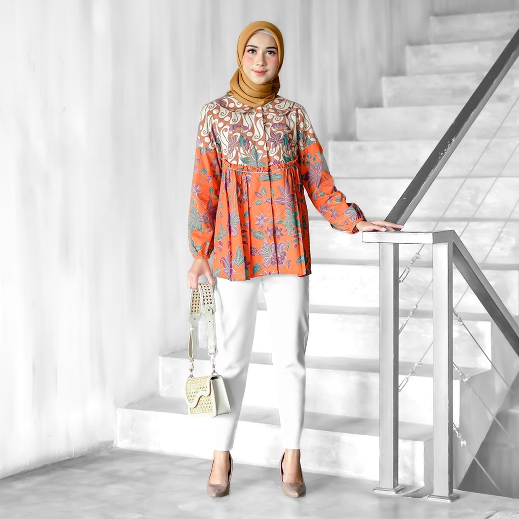 Jual Jiwani Batikula Blouse Batik Kerja Wanita Modern warna orange ...