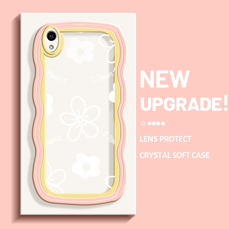 Casing Ponsel untuk VIVO Y1s Y91C Casing pelindung bunga putih pola Gel  silika HP warna baru lembut Case bening perbatasan gelombang Macaron Kesing 